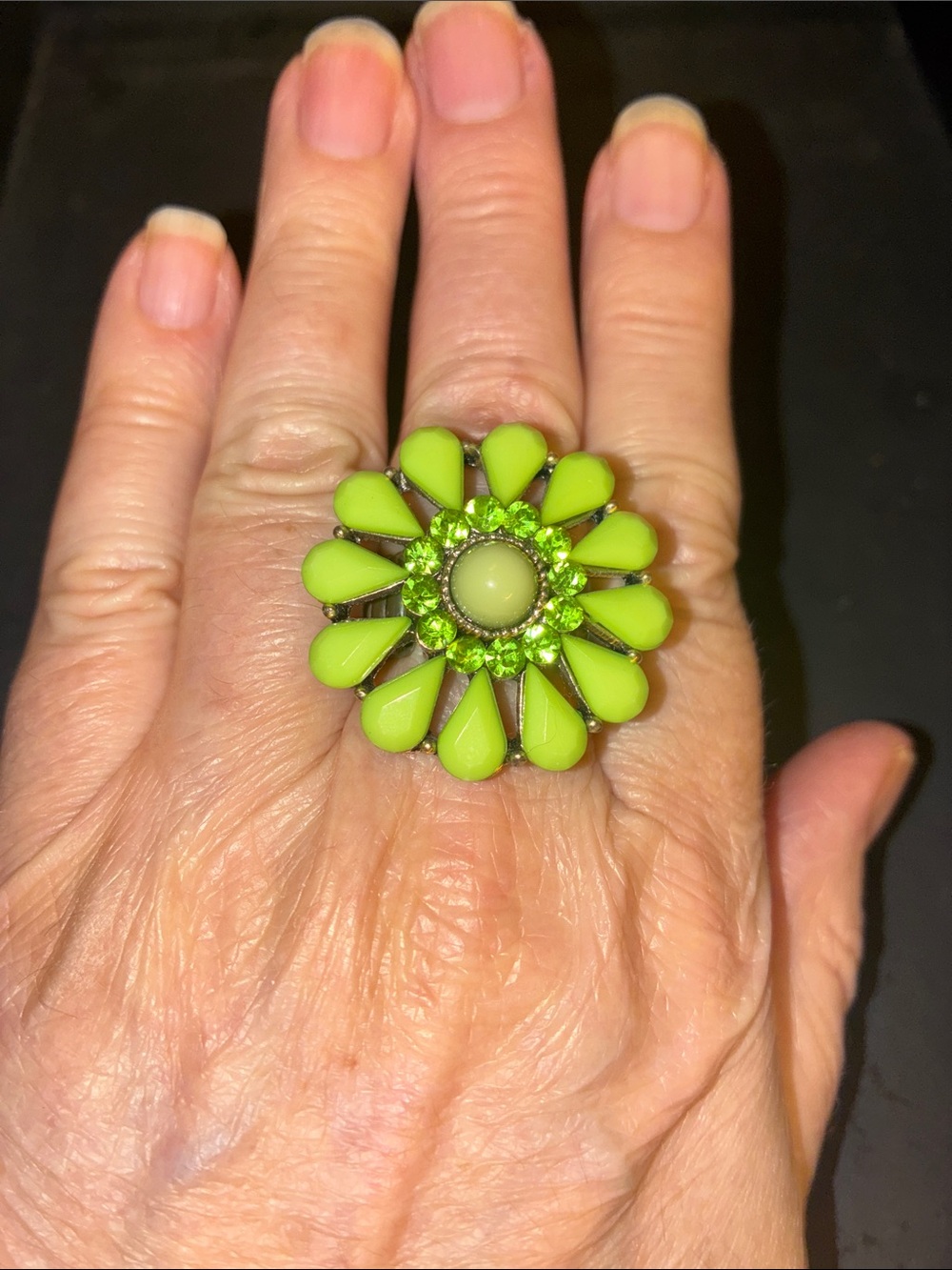 Lime Green Floral Cocktail Stretch Ring With Glossy Petal Accents